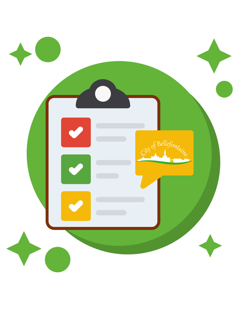 A clipboard  with checkmarks and a speech bubble with the Bellefontaine Logo and a green circle in the background