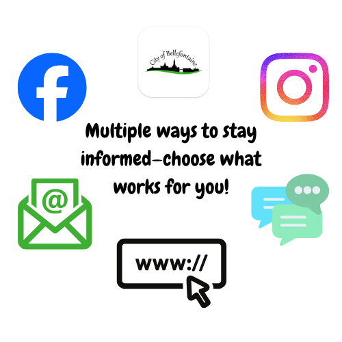 Graphic with text that says " Mulitiple ways to stay informed - choose what works for you!" and icons displaying Facebook, City App, Instagram, Email, Website and Text Messages