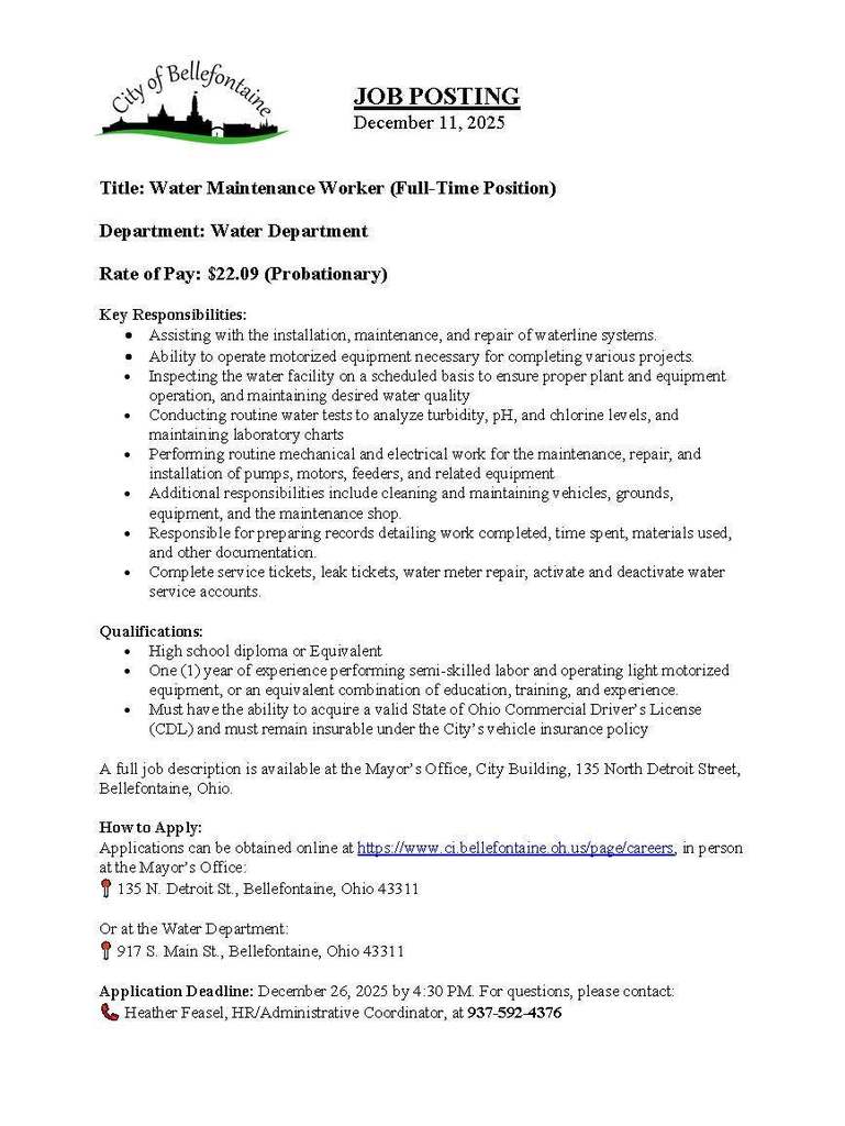 Job Posting for a Water Maintenance Worker with the City of Bellefontaine
