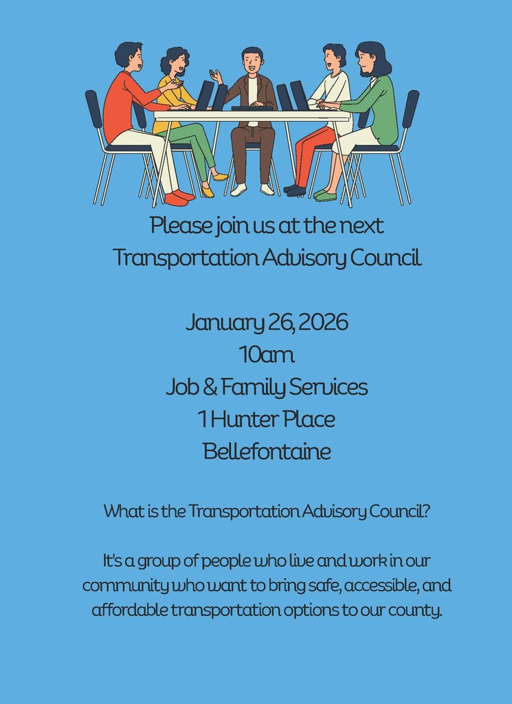 Illustration of five people sitting at a table with laptops, discussing. Text below invites to the Transportation Advisory Council on January 26, 2026.