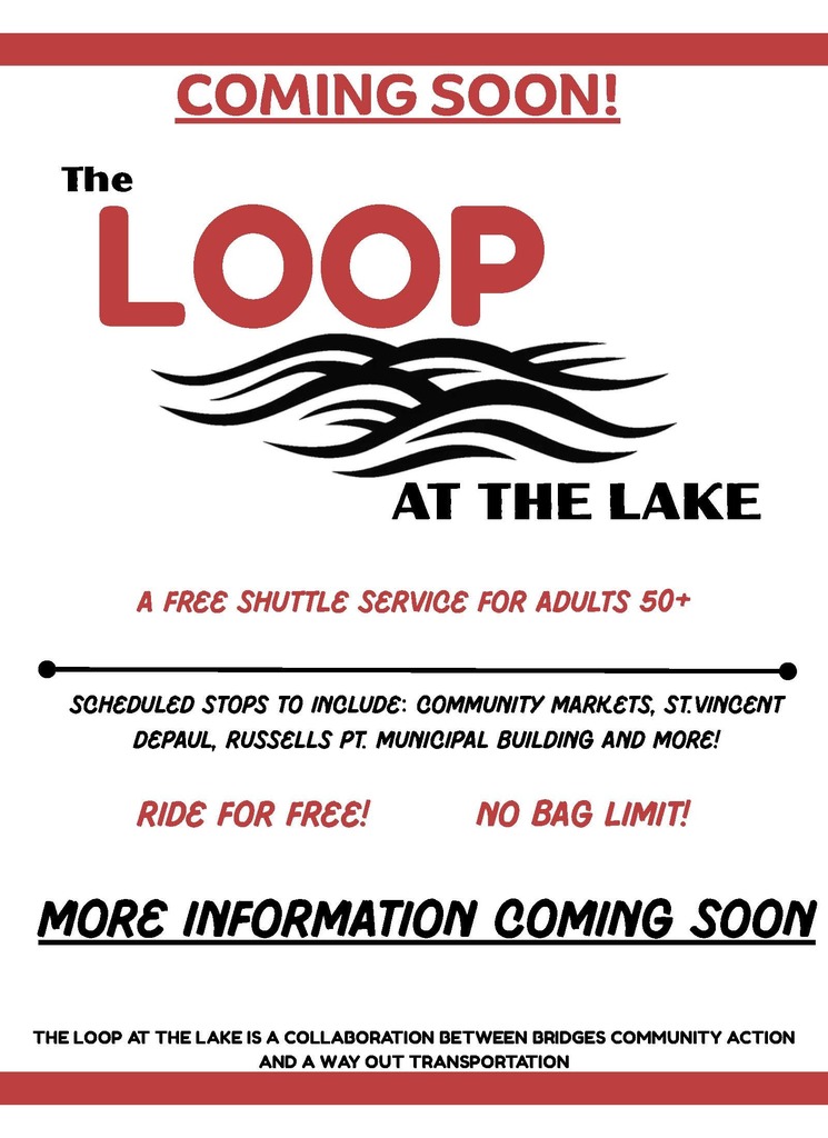 "Promotional poster for 'The Loop at the Lake,' a free shuttle service for adults 50+. Red and black text with wavy line design. Keywords: shuttle, adults."