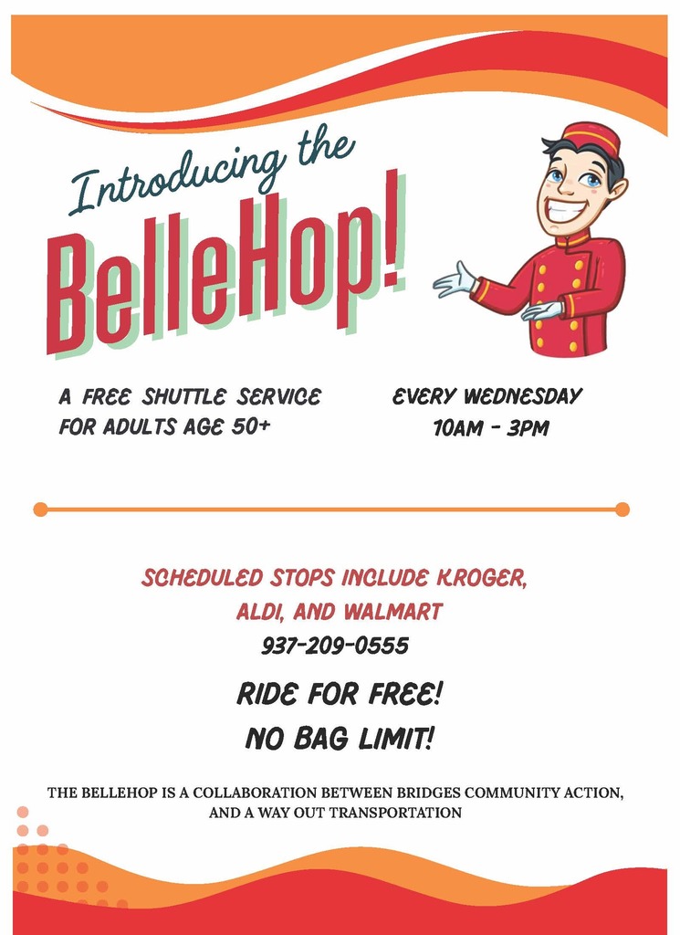 Alt text: "Flyer for BelleHop shuttle service featuring a cartoon bellhop. Free rides for adults 50+, Wednesdays 10am-3pm, with stops at Kroger, Aldi, and Walmart. No bag limit."