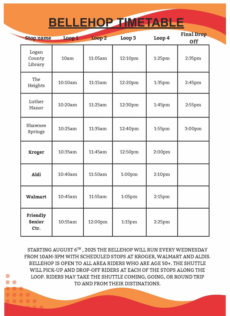 Alt text: "Bellehop shuttle timetable with stops at Logan County Library, The Heights, Luther Manor, Shawnee Springs, Kroger, Aldi, Walmart, and Friendly Senior Center. Times listed for loops one to four and final drop-off, running from 10 a.m. to 3 p.m. every Wednesday starting August 6, 2025, for riders age 50 and over. Bold heading with orange and red accents."