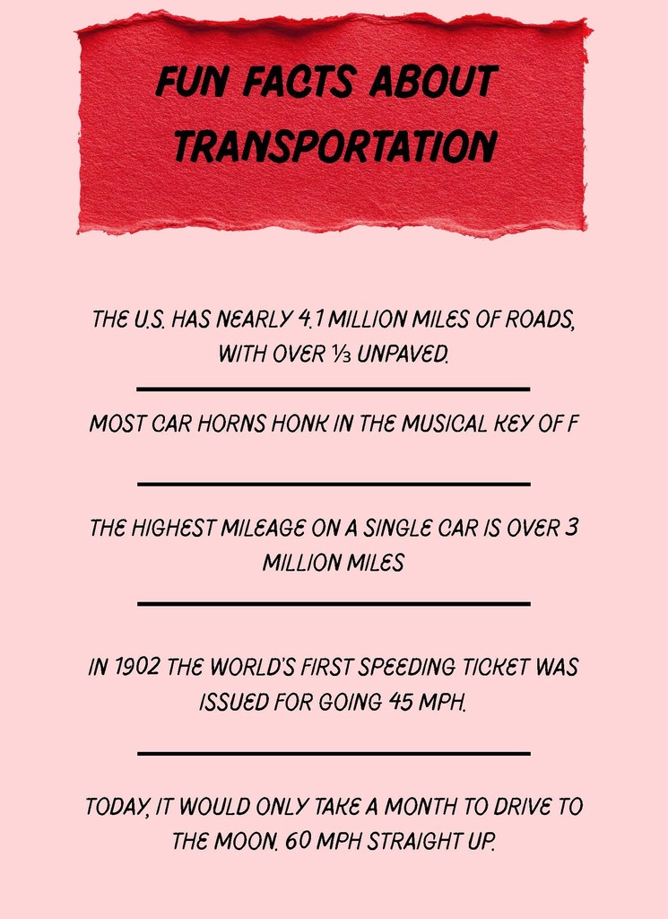 Red torn paper at the top states "Fun Facts About Transportation." Below, transportation trivia is listed in black text on a pink background.
