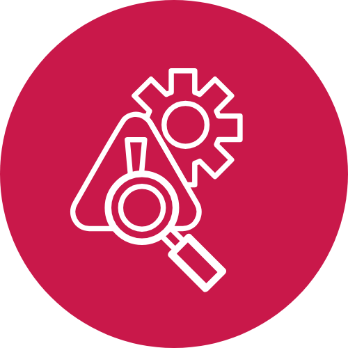 Icon depicting a magnifying glass over a caution sign and gear on a red circle background, symbolizing error detection or diagnostics.