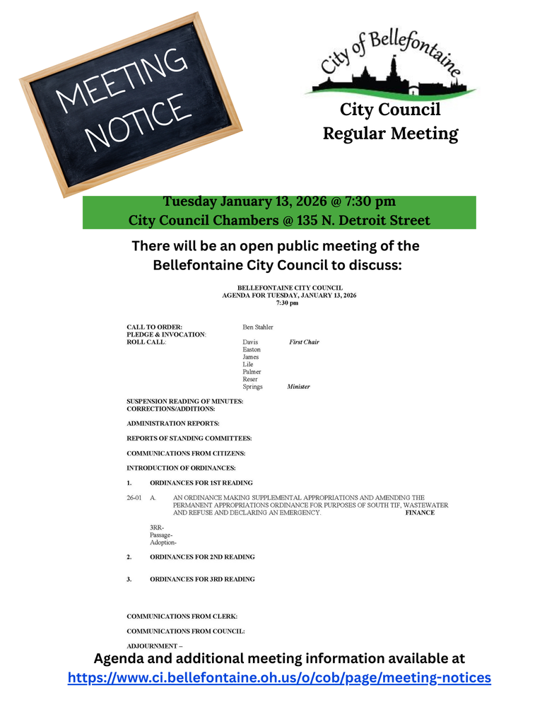 City Council meeting notice for Bellefontaine on January 13, 2026, at 7:30 p.m. Location: 135 N. Detroit Street. Agenda details ordinances and reports.