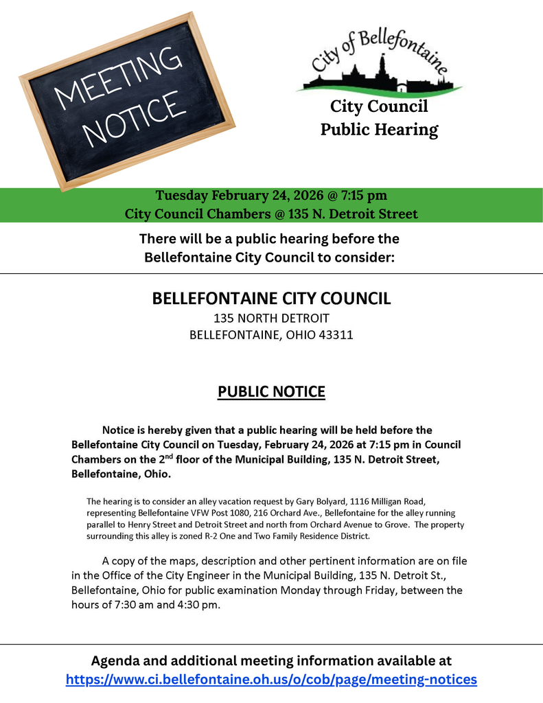 Bellefontaine City Council Public Hearing for alley vacation on February 24th at 7:15pm flyer