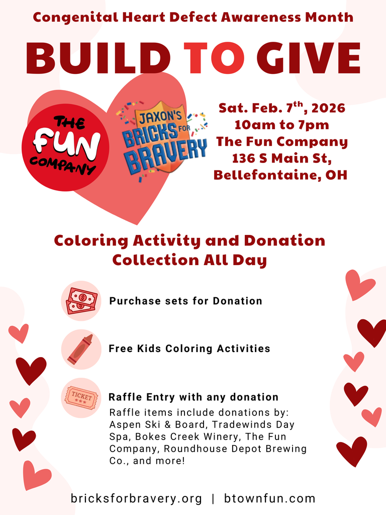 Event flyer for "Build to Give" on Feb 7, 2026, at The Fun Company in Bellefontaine. Highlights donation collection, coloring activities, and raffle.