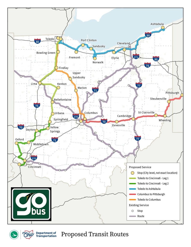 Map of Ohio showing proposed transit routes for goBus. Routes colored by destination: Cincinnati, Ashtabula, Pittsburgh, and Columbus. Stops marked with dots.