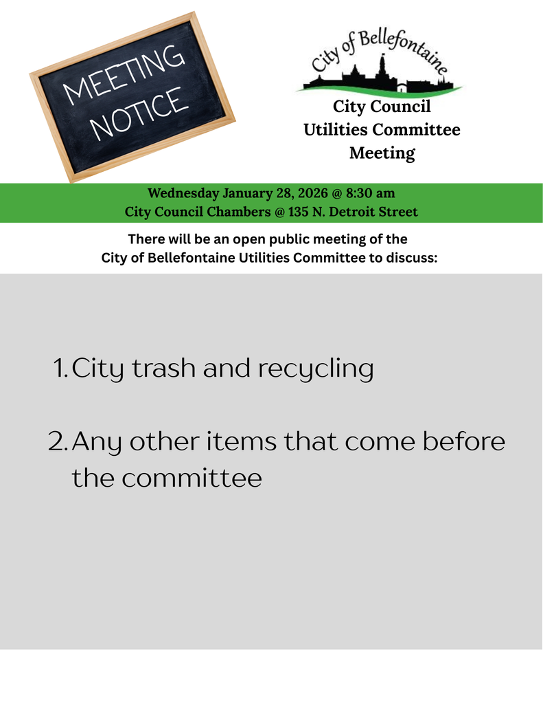 Announcement for a City of Bellefontaine Utilities Committee meeting on January 28, 2026. Topics include city trash and recycling.