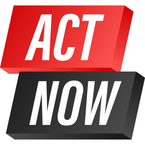 Red and black 3D blocks with bold white text "ACT" on the red block and "NOW" on the black one, conveying urgency.