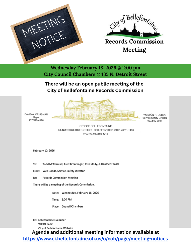 Meeting notice for City of Bellefontaine Planning Commission on February 10, 2026, at 4:00 pm, City Council Chambers, 135 N. Detroit Street.