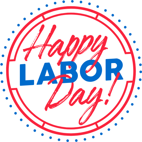Red and blue circular design with "Happy Labor Day!" text. "Happy" and "Day!" in red script, "LABOR" in bold blue, surrounded by a dotted border.
