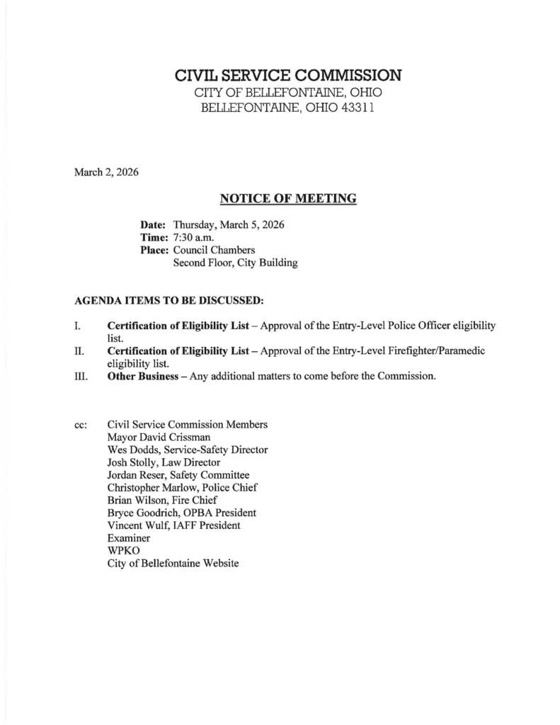 Notice of Meeting Flyer for Civil Service Commission meeting March 5, 2026