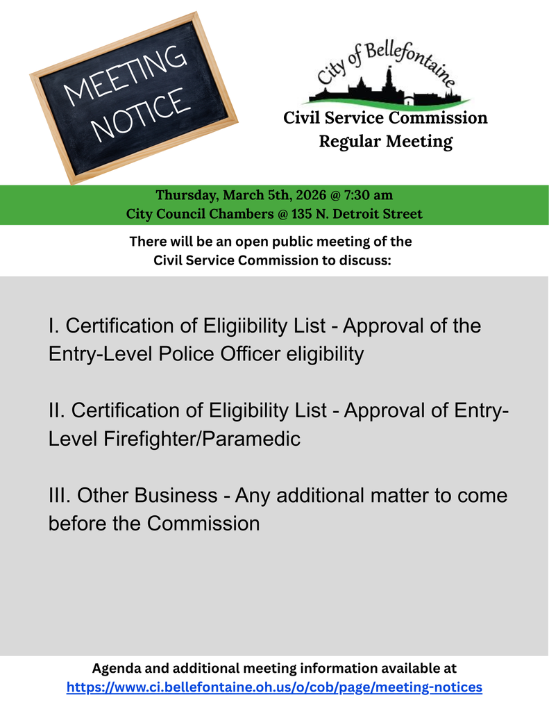Notice of Civil Service Commission Meetings on March 5, 2026 at 7 am and the discussion topics for the meeting.