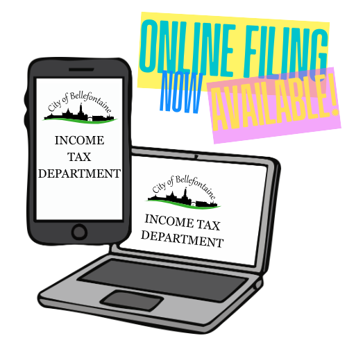 Smartphone and laptop with "City of Bellefontaine Income Tax Department" text. Bold words "Online Filing Now Available!" in blue and pink.