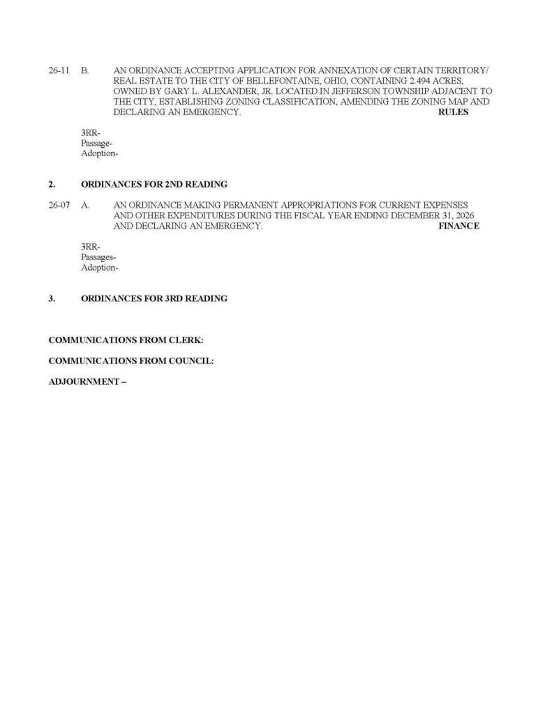 Meeting agenda document lists ordinances for reading, communications, and adjournment. Includes annexation and appropriations details in formal layout.