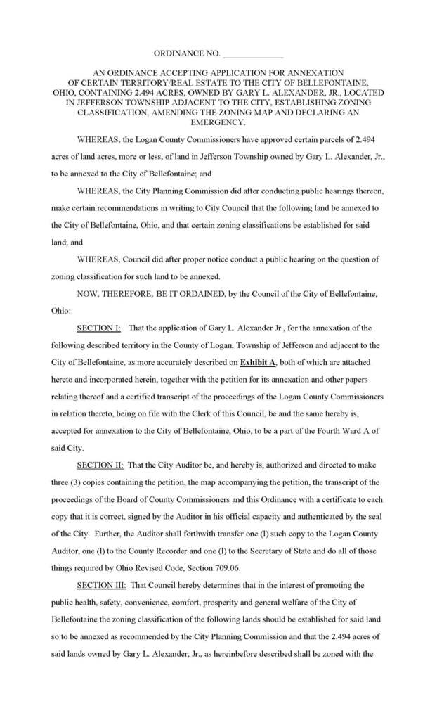 Ordinance document detailing annexation of 2.494 acres from Jefferson Township to Bellefontaine, Ohio. Includes zoning details and legal procedures.