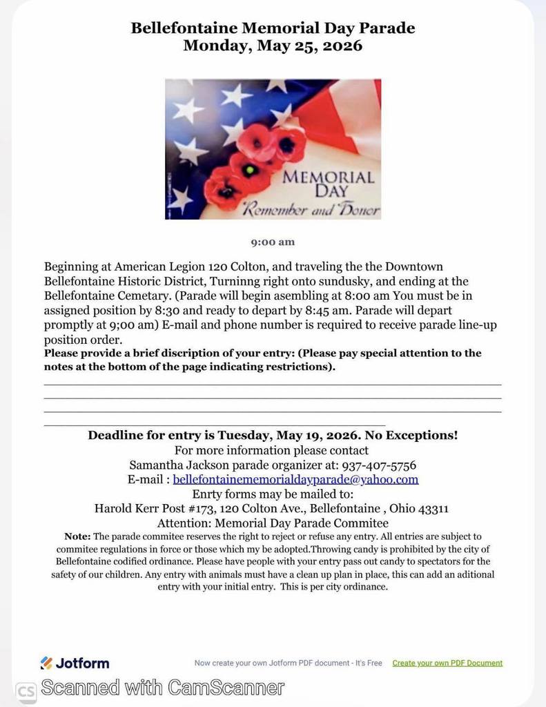 Flyer for the Bellefontaine Memorial Day Parade on May 25, 2026, at 9:00 am. Features U.S. flag and poppies image. Entry deadline: May 19, 2026. Contact info included.