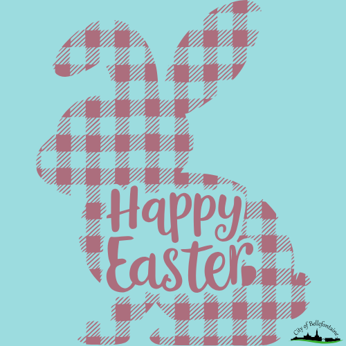 Plaid-patterned silhouette of a bunny on a teal background with the words "Happy Easter" in pink. The mood is cheerful and festive.