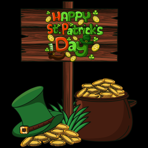 A wooden sign reads "Happy St. Patrick's Day" in bright colors with gold coins. Below, there is a leprechaun hat and a pot of gold, conveying festive cheer.
