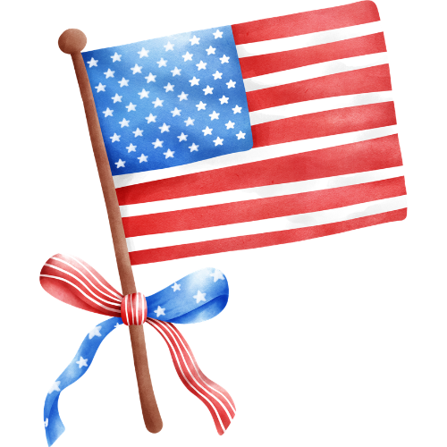 A watercolor American flag with red and white stripes and white stars on a blue field. The wooden pole has a red, white, and blue ribbon tied in a bow.
