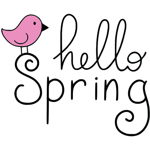 A pink bird perched on the word "Hello" in flowing script above the word "Spring" in bold letters. The design is simple and cheerful, evoking a springtime feel.