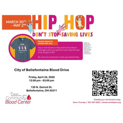 Blood drive flyer with a colorful "Hip Hop, Don't Stop Saving Lives" theme. Includes event details, QR code, t-shirt image, and sponsor logo. Energetic and informative.