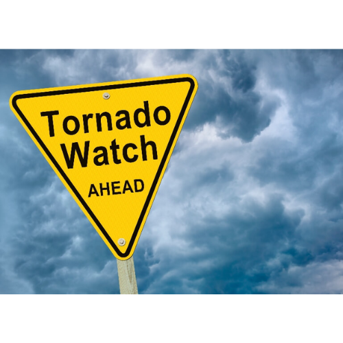 A yellow triangular sign reads "Tornado Watch Ahead" against a backdrop of dark, swirling storm clouds, creating a tense and urgent atmosphere.