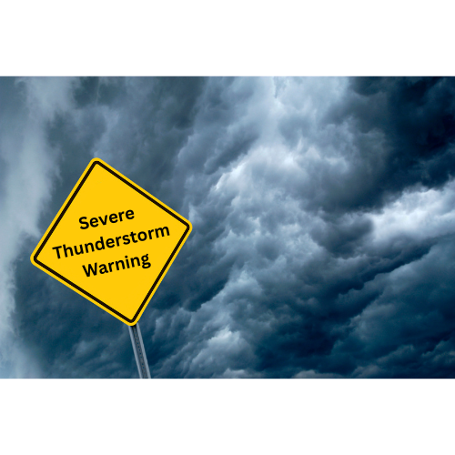 Yellow "Severe Thunderstorm Warning" sign against dark, ominous clouds. The image conveys a sense of urgency and impending stormy weather.