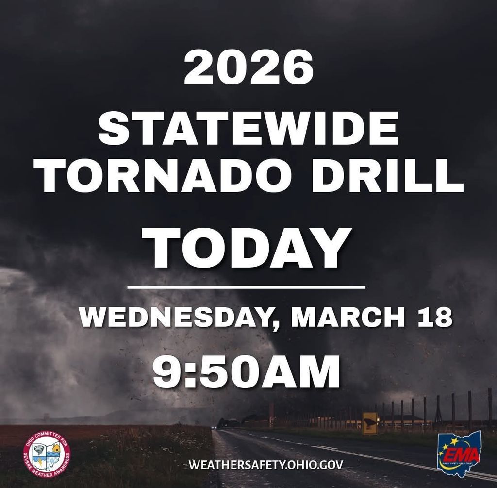 Dark, stormy background with bold text announcing '2026 Statewide Tornado Drill Today, Wednesday, March 18, 9:50 AM'. Weather safety logos at bottom.