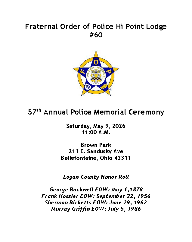 Event flyer for the 57th Annual Police Memorial Ceremony by Fraternal Order of Police Hi Point Lodge #60. Details include date, location, and honor roll.
