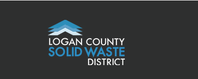 Logo of Logan County Solid Waste District on a dark background, featuring three layered blue chevrons above the text, creating a structured and professional look.