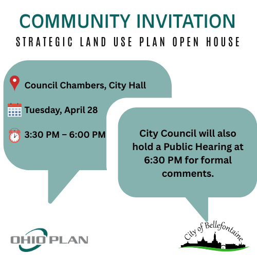 Community invite for strategic land use open house at Council Chambers, City Hall, April 28, 3:30 PM. Public hearing at 6:30 PM. Logos included.
