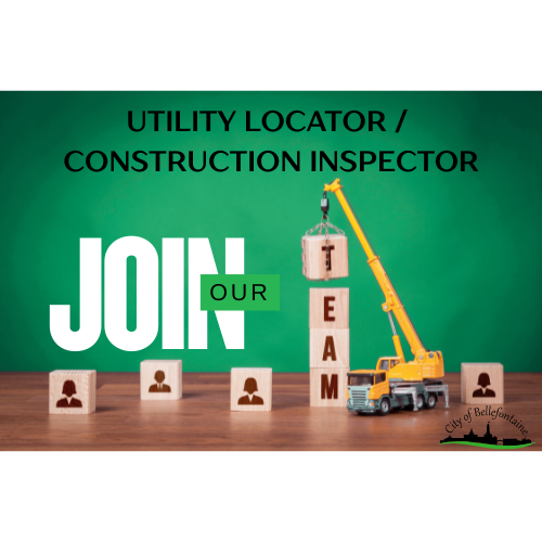 Toy crane stacks blocks spelling “TEAM” on a wooden table with green background. Text: “JOIN OUR TEAM” for utility locator/construction inspector.