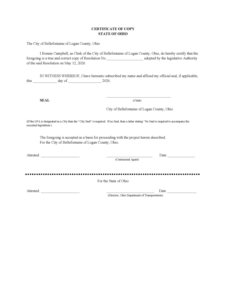 Certificate of copy from Bellefontaine, Ohio, attesting to a resolution. It includes spaces for signatures, dates, and a city seal, on an official letterhead.