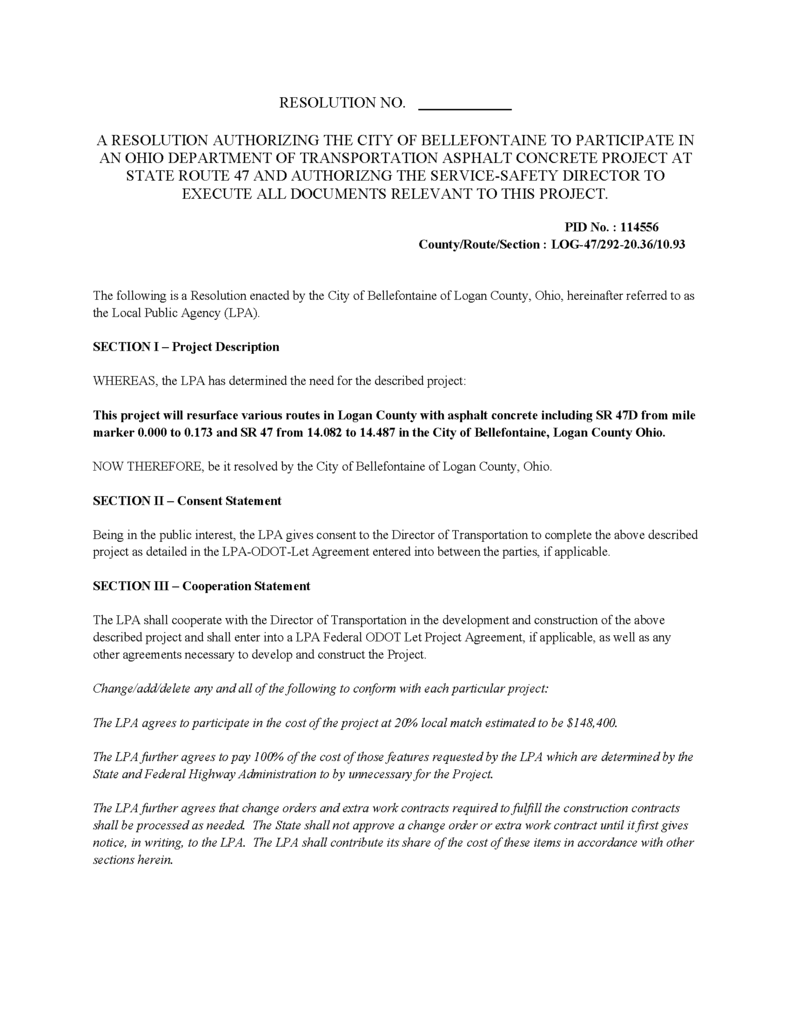 Resolution document authorizing the City of Bellefontaine, Ohio, to participate in a transportation project for resurfacing State Route 47.