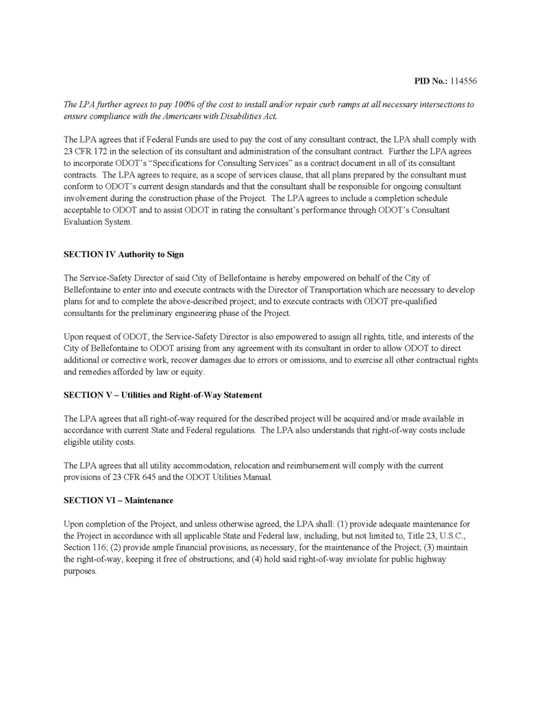 Alt text: A page from a legal document titled "PID No.: 114556" discussing responsibilities for installing and repairing curb ramps to comply with the Americans with Disabilities Act. It details sections on authority to sign, utilities and right-of-way statements, and maintenance obligations, highlighting compliance with federal regulations.