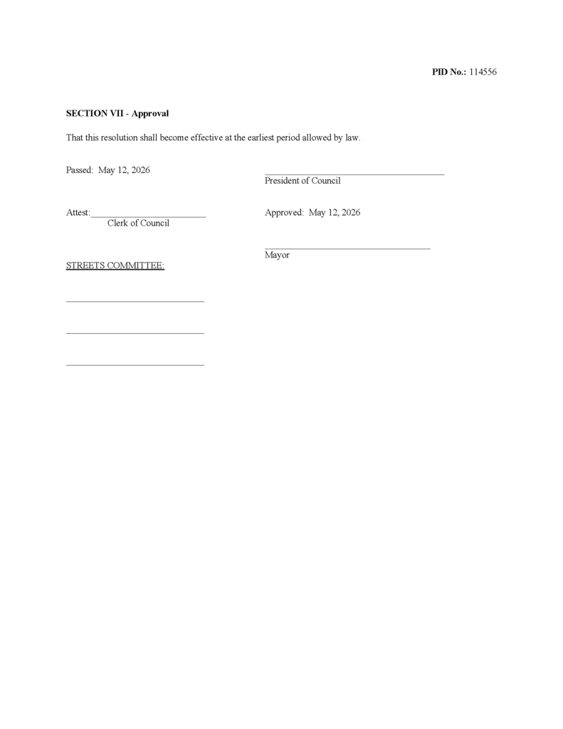 Formal document detailing resolution approval with spaces for signatures of council president, mayor, and clerk. Includes a date and committee section.
