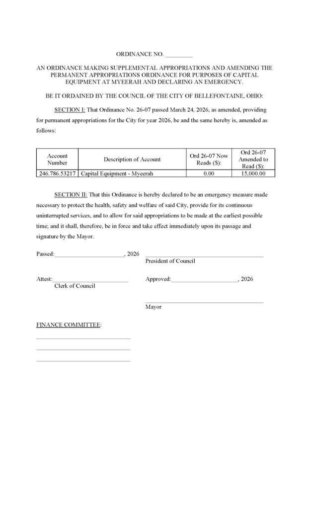 Alt text: "A legal document titled 'Ordinance No. ___' from the City of Bellefontaine, Ohio, details supplemental appropriations for capital equipment. It includes sections on emergency measures, with spaces for signatures from the council president, mayor, and clerk. A table shows account changes for capital equipment, adjusting amounts from $0 to $15,000. The document emphasizes public health and safety."