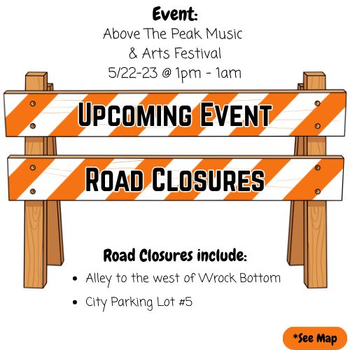 Orange and white striped road barriers with "Upcoming Event" and "Road Closures." Text details a music festival and closed roads with a "See Map" button.