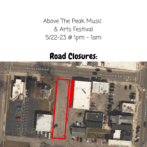 Arial view of a street map with a highlighted road closure in red. Text above reads “Above The Peak Music & Arts Festival, 5/22/23 @ 1pm - 1am.”