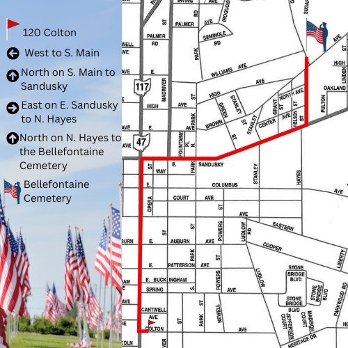 Map showing a route marked in red from 120 Colton to Bellefontaine Cemetery. Text instructions and American flags add a patriotic theme.