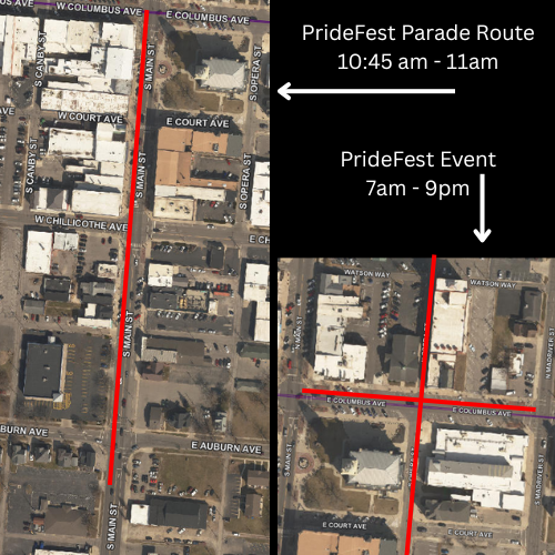 Alt text: "Aerial map highlighting PrideFest parade route along Main Street from 10:45 am to 11 am, and event area from 7 am to 9 pm with arrows."