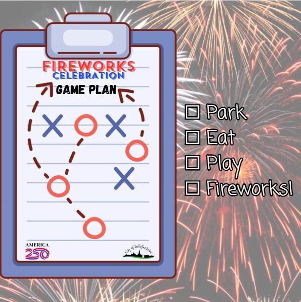 Alt text: "A clipboard displays a 'Fireworks Celebration Game Plan' with playful strategy symbols. 'Park, Eat, Play, Fireworks!' is written beside it. Bright fireworks burst in the background, conveying excitement and festivity."