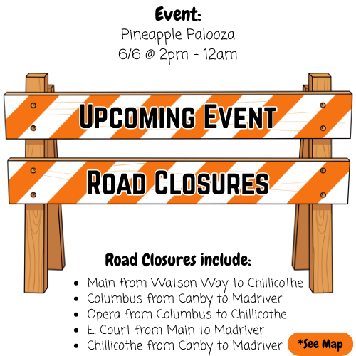 Alt text: Illustration of orange and white barricades with "Upcoming Event" and "Road Closures" text. Event details: Pineapple Palooza on 6/6, 2pm-12am. Listed road closures.