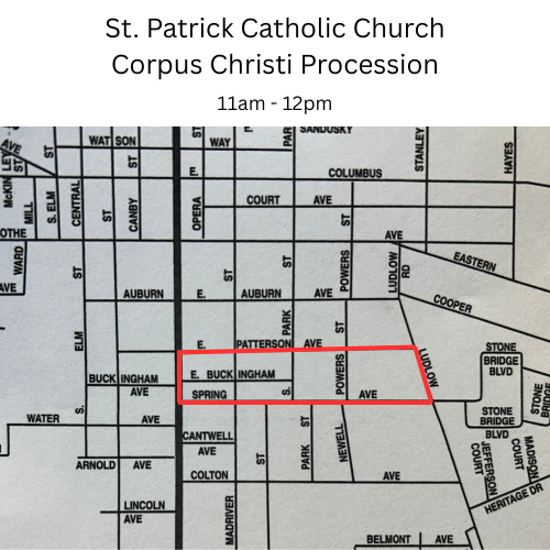 Map of St. Patrick Catholic Church's Corpus Christi Procession route from 11am to 12pm, highlighted in red. Streets include Ingham and Buck.