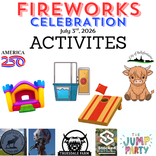 Alt text: "Fireworks Celebration flyer for July 3, 2026, featuring colorful activities like a bounce house, water game, and cornhole. Includes sponsor logos and an illustration of a cow."