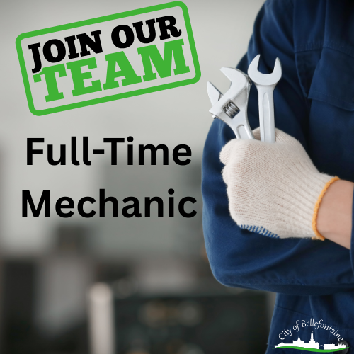 Alt text: "Image of a person in a blue uniform holding wrenches, with text 'Join Our Team - Full-Time Mechanic.' Logo for City of Bellefontaine visible."