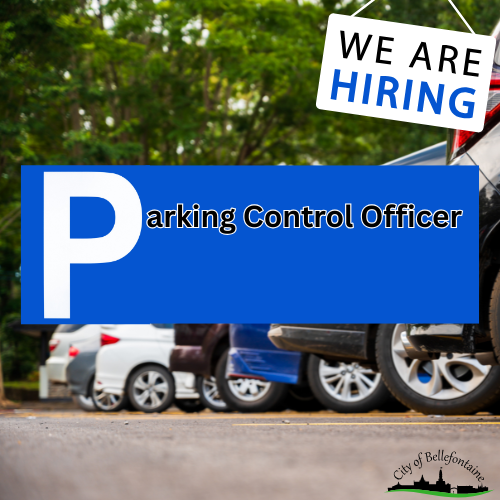Alt text: "Job ad for Parking Control Officer with parked cars in the background. Bold blue sign and 'We Are Hiring' note convey urgency and opportunity."